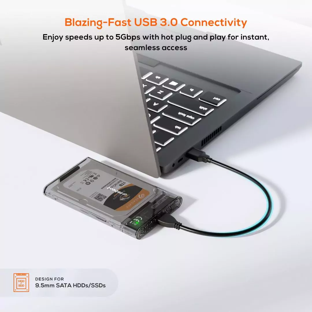 A1 See-Through Tool-Free USB 3.0 2.5" SATA HDD Enclosure – Black mbeat® - Image 3