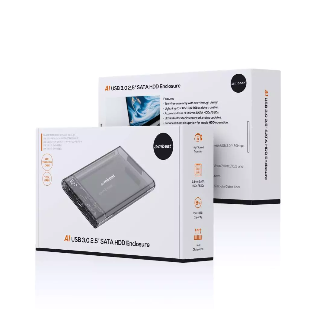 A1 See-Through Tool-Free USB 3.0 2.5" SATA HDD Enclosure – Black mbeat® - Image 4