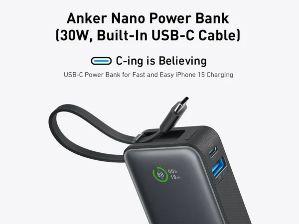 ANKER NANO 10K 30W POWER BANK WITH BUILT- IN USB-C CABLE (BLACK) - Image 3