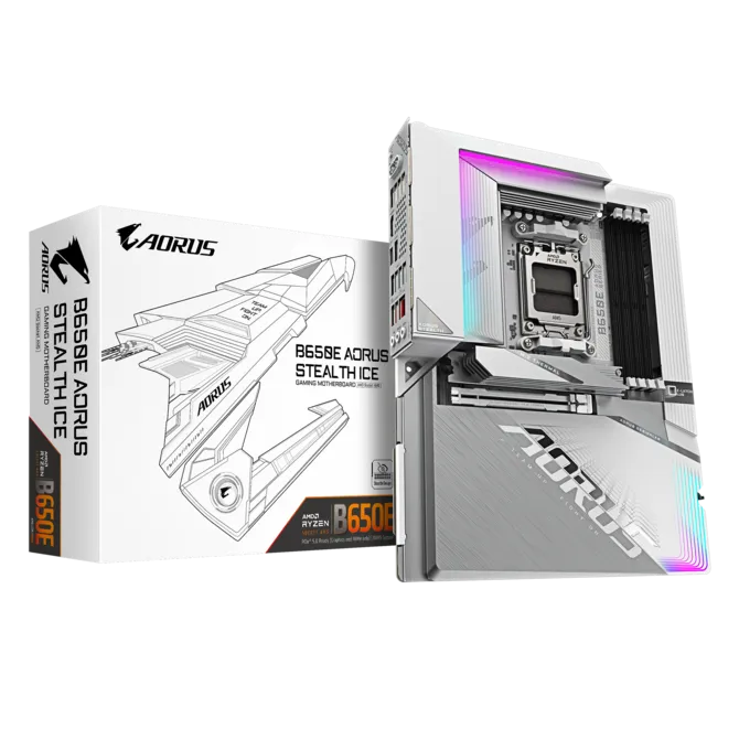 Gigabyte B650E AORUS STEALTH ICE AMD AM5 ATX Motherboard 4x DDR5~256GB,1x PCIe x16, 3x M.2, 4x SATA 6, 8x USB 3.2, 1x USB-C, 4x USB 2.0
