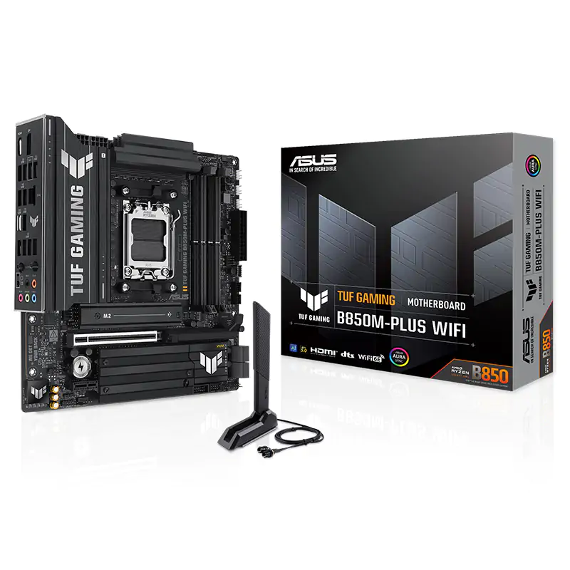ASUS AMD TUF GAMING B850M-PLUS WIFI (AM5) Micro-ATX Motherboard, DDR5 192GB, 1x PCIe 5.0 x16 slot, 3 xM.2 slots, 4x SATA, Wi-Fi 6E, Realtek 2.5Gb