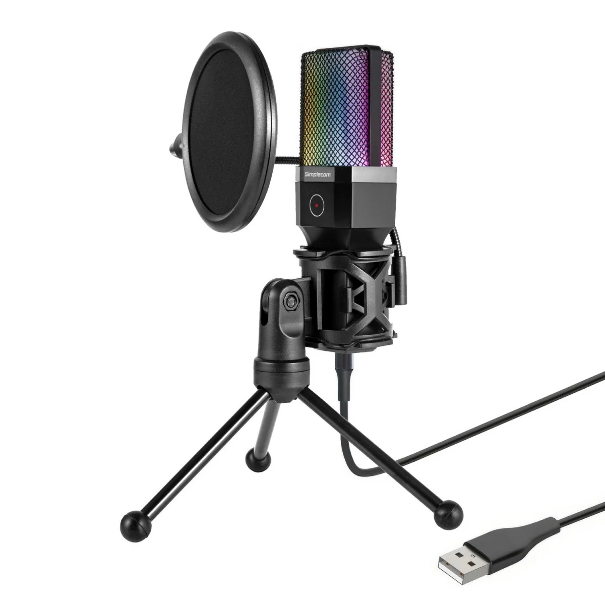 Simplecom USB Cardioid Condenser Microphone Gaming RGB Lights with Tripod And Pop Filter - UM650