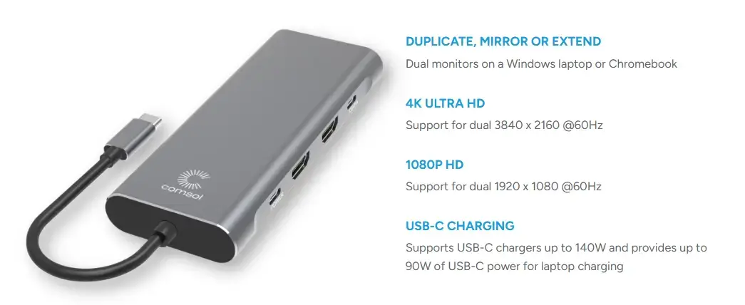 Comsol USB-C to Dual 4K HDMI Monitor 10 Port Dock-CMMP10