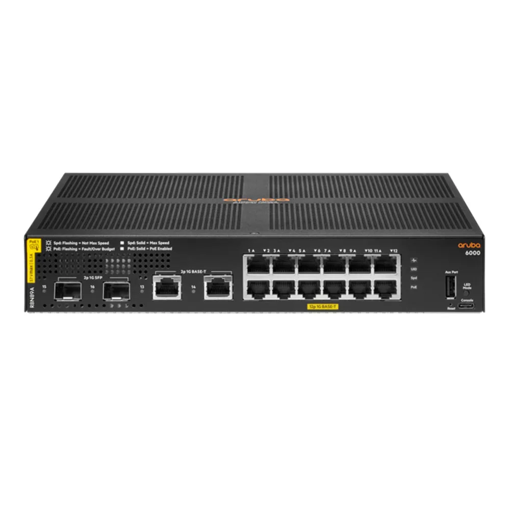HPE Aruba 6000 12-Port Class 4 PoE & 2-Port SFP/GbE 139W Switch-R8N89A