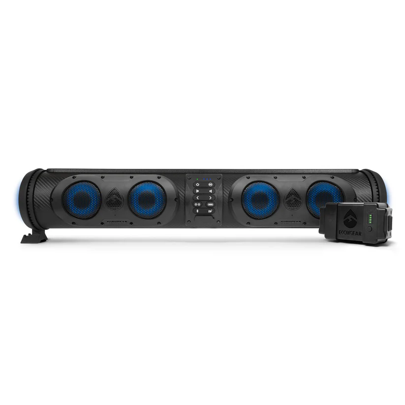 The TRUE WIRELESS SoundExtreme SEB 26 has all the features of the original SE26. Now with Long-lasting Lithium-Ion battery pack. Easy install, no longer need to connect to the 12v battery source. The Powersports sound bar and LED lighting system is perfect for your 4WD, ATV/UTV, boat, and golf cart. 100% waterproof, dustproof, and dirtproof. 500 watts of power to 8 marine grade speakers provide a great listening experience. With our EcoCast feature connect up to 50 Sound Extremes at a time! Patent Pending.